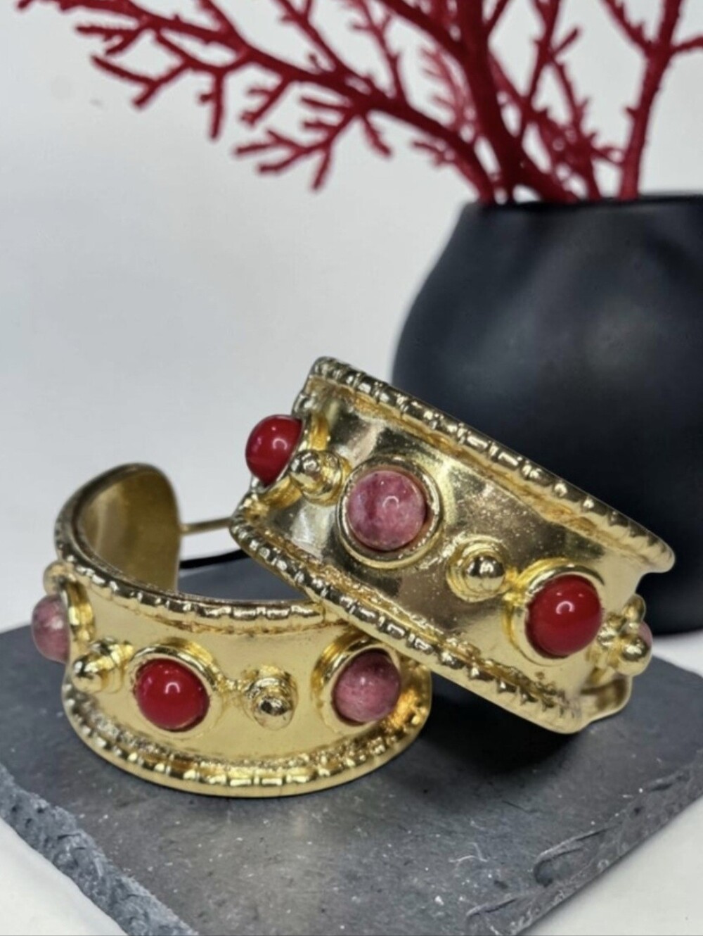 Chunky 18k Gold Plated Byzantine Coral & Rhodochrosite Cabochon Hoop Earrings